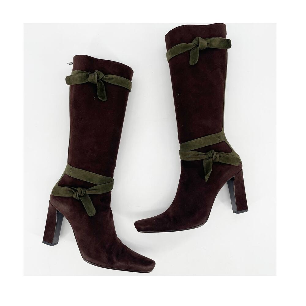 Vintage Prada Brown Green Suede Tie Strap Two-Tone Knee High Block Heel Boots 38